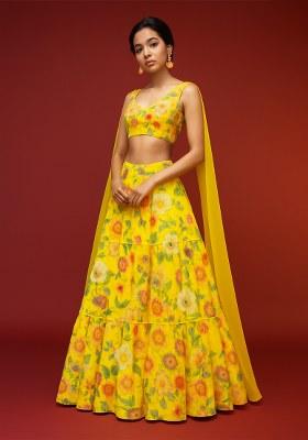 Yellow Printed Georgette Lehenga Set
