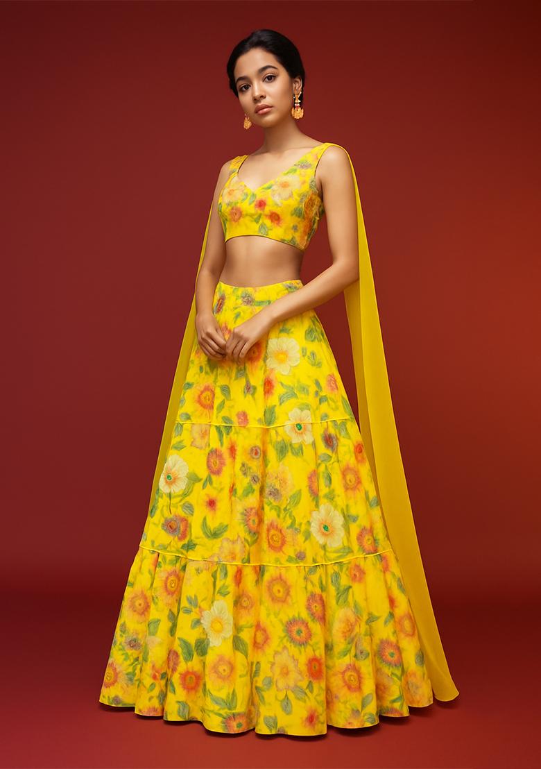 Yellow Printed Georgette Lehenga Set