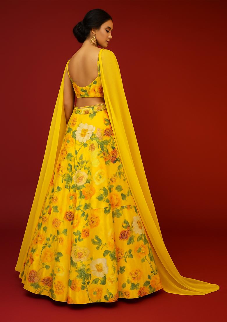 Yellow Printed Georgette Lehenga Set