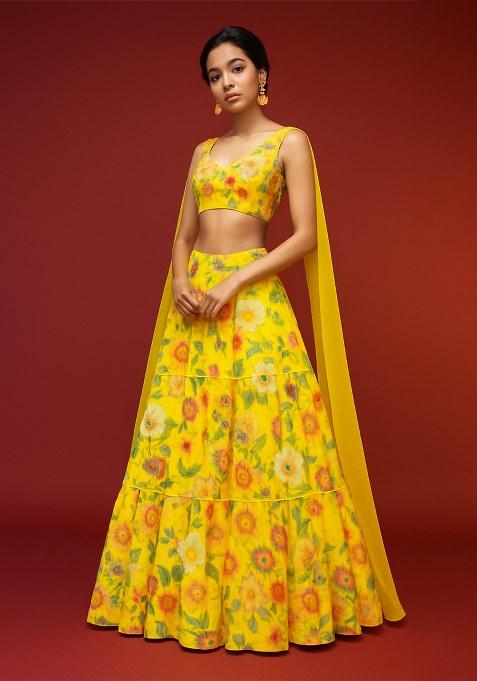 Yellow Printed Georgette Lehenga Set