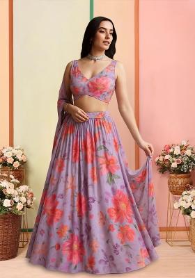Lavender Printed Georgette Lehenga Set