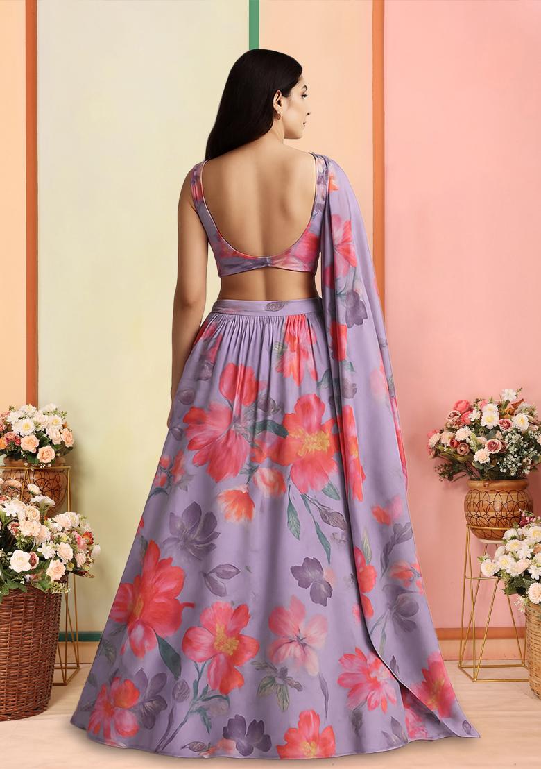 Lavender Printed Georgette Lehenga Set - Indya