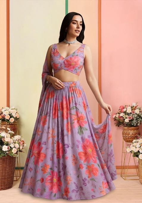 Lavender Printed Georgette Lehenga Set