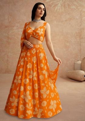 Orange Printed Georgette Lehenga Set