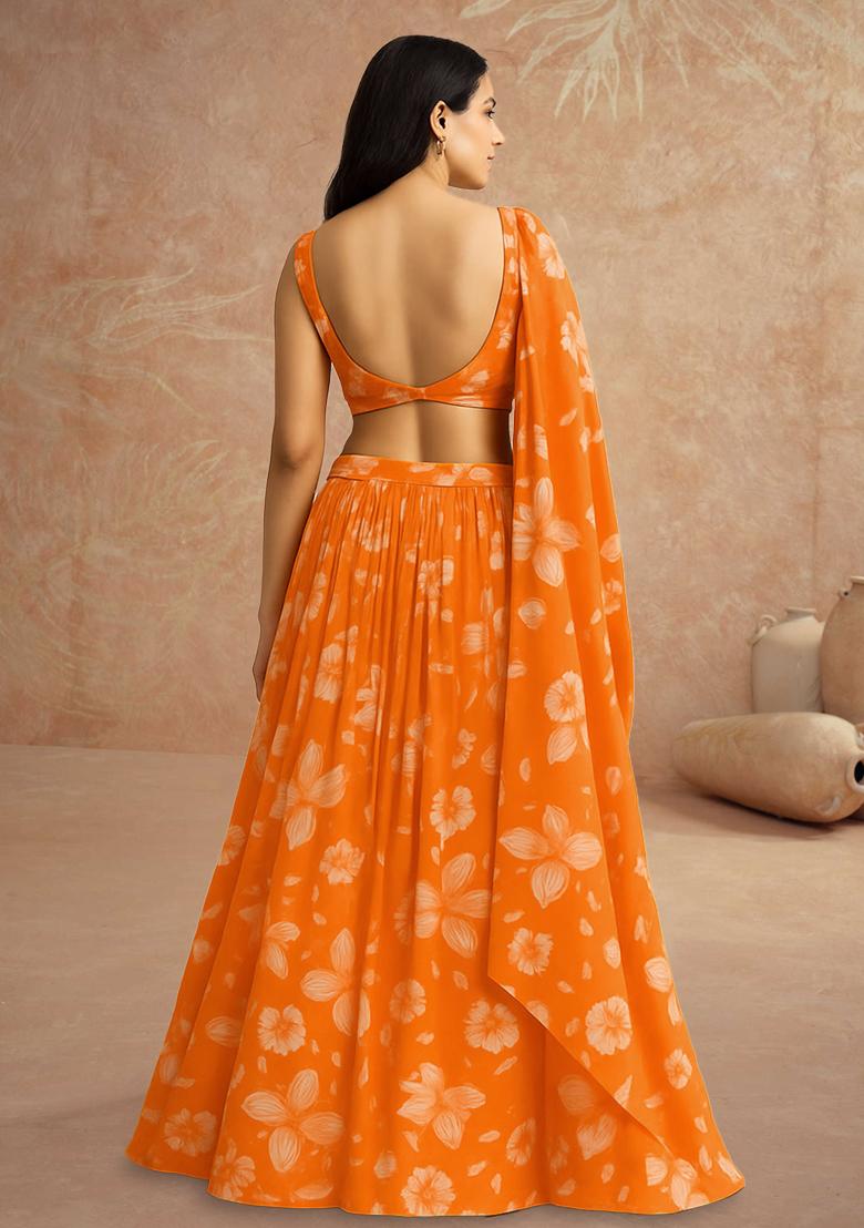 Orange Printed Georgette Lehenga Set - Indya