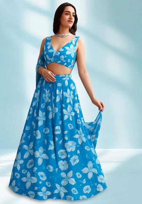 Blue Printed Georgette Lehenga Set