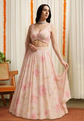 Peach Printed Satin Lehenga Set