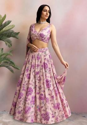 Pink Printed Satin Lehenga Set