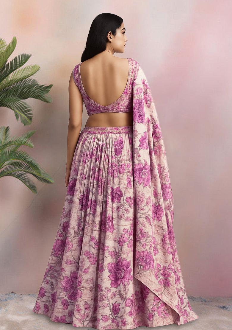 Pink Printed Satin Lehenga Set - Indya