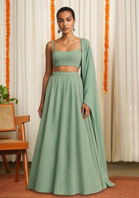 Sage Green Jacquard Chanderi Lehenga Set