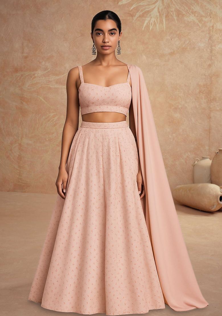 Beige Embellished Silk Lehenga Set