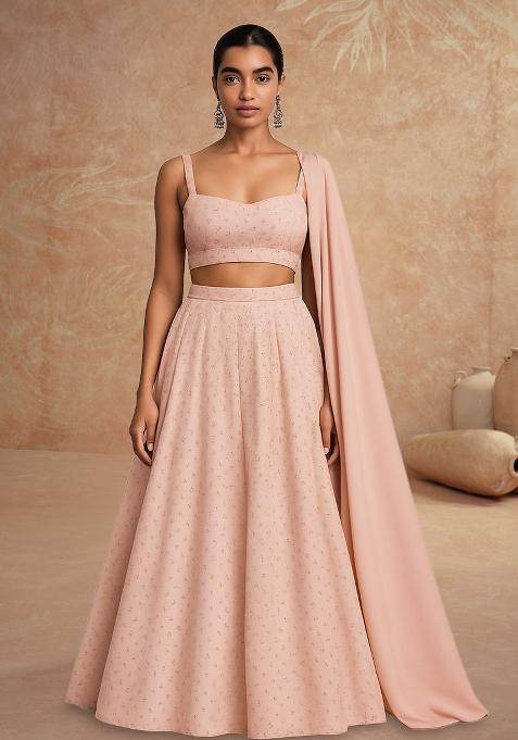 Beige Embellished Silk Lehenga Set