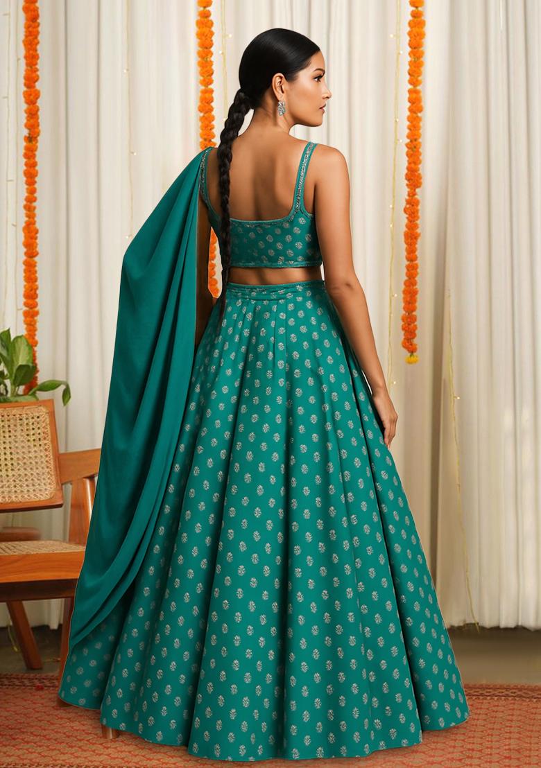 Green Embellished Silk Lehenga Set - Indya