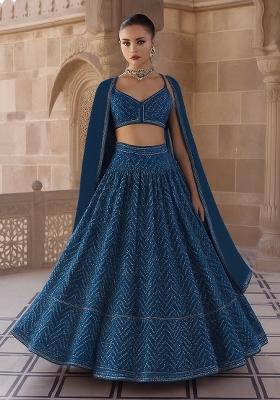 Blue Embellished Chinon Lehenga Set
