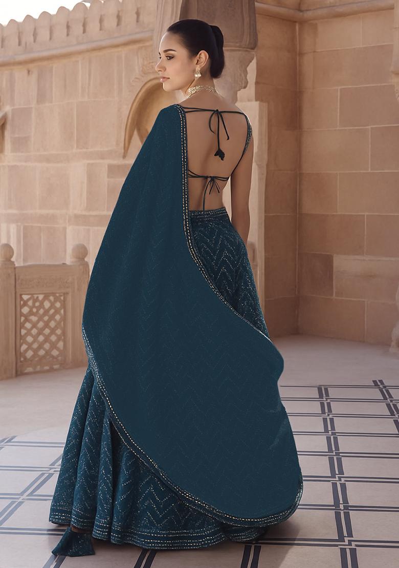 Blue Embellished Chinon Lehenga Set - Indya