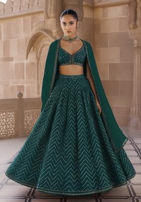 Green Embroidered Chinon Lehenga Set