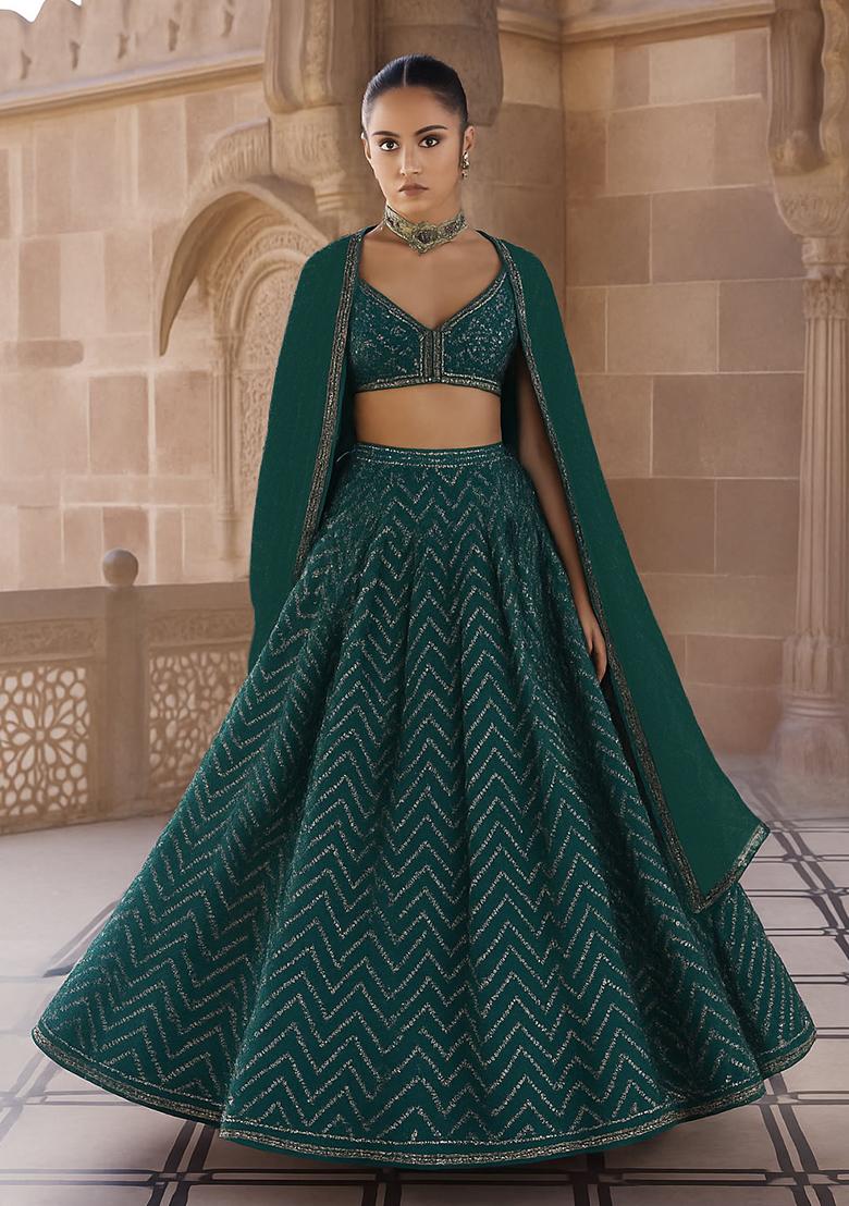 Green Embellished Chinon Lehenga Set