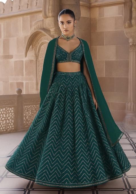Green Embellished Chinon Lehenga Set