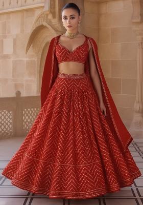 Red Embellished Chinon Lehenga Set