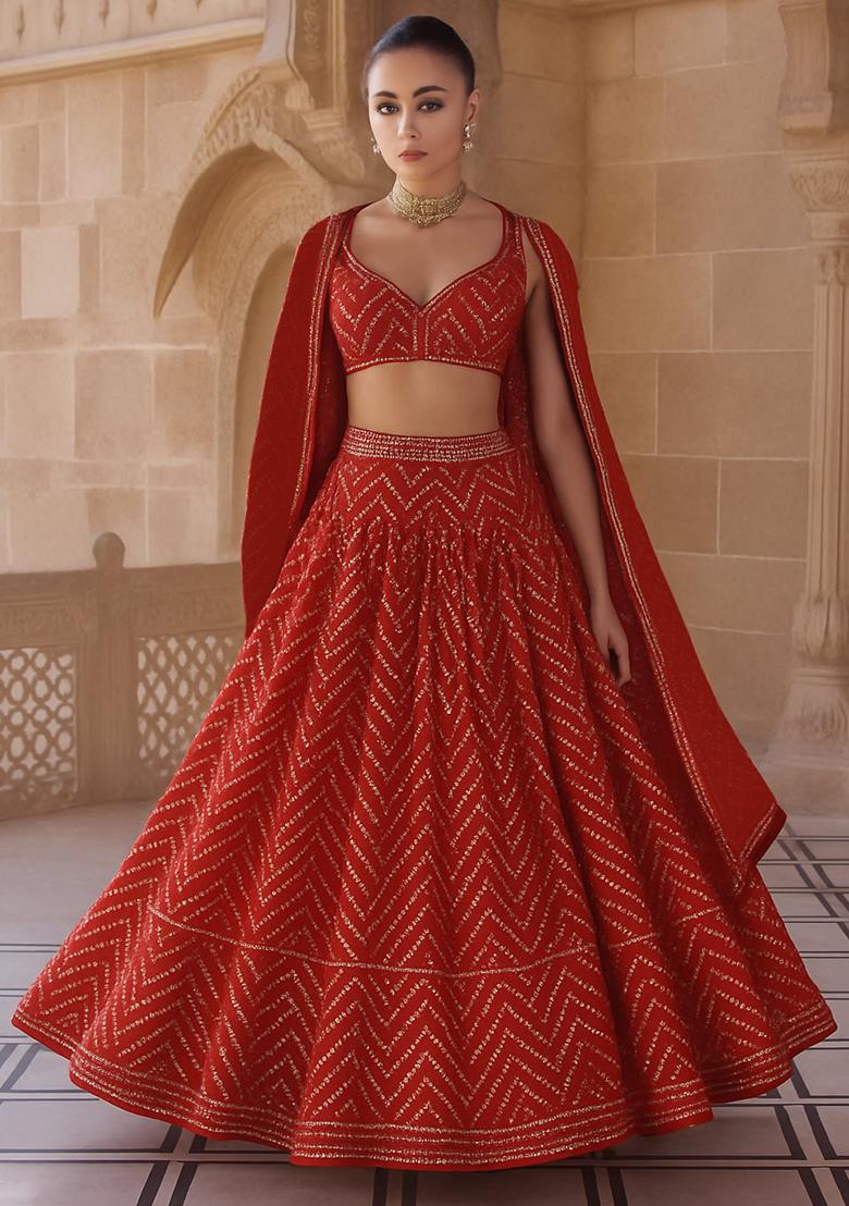 Red Embellished Chinon Lehenga Set - Indya