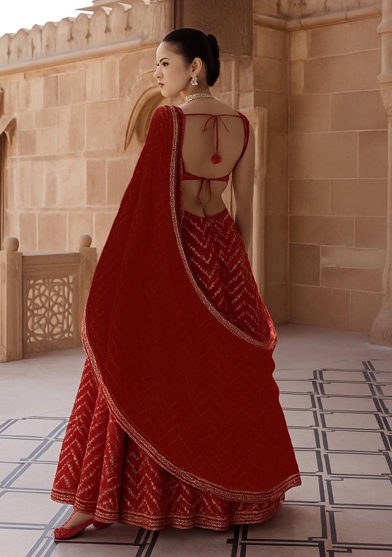 Red Embellished Chinon Lehenga Set - Indya