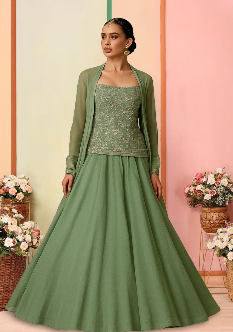 Sage Green Embroidered Blouse Georgette Lehenga Set