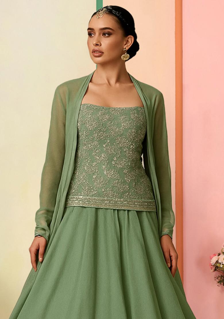Sage Green Embroidered Blouse Georgette Lehenga Set - Indya