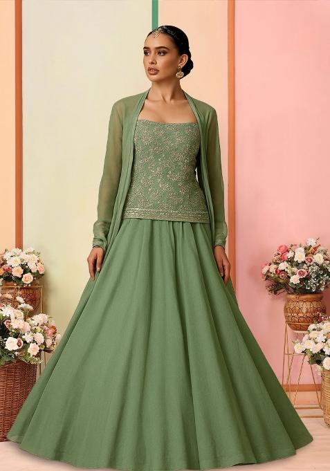 Sage Green Embroidered Blouse Georgette Lehenga Set