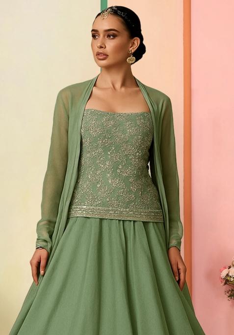 Sage Green Embroidered Blouse Georgette Lehenga Set