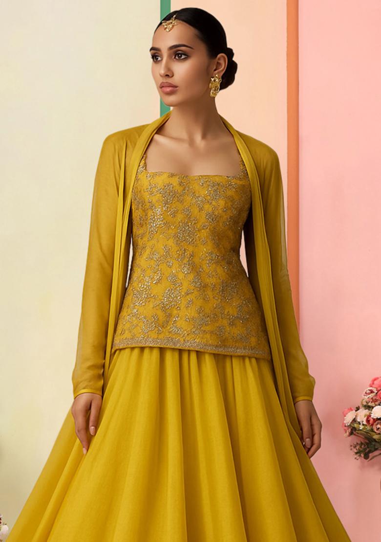 Yellow Embroidered Blouse Georgette Lehenga Set - Indya