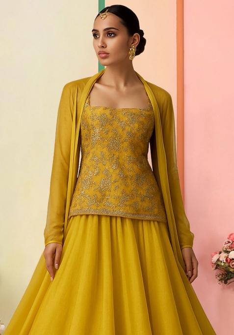 Yellow Embroidered Blouse Georgette Lehenga Set