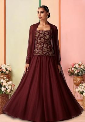 Brown Embroidered Blouse Georgette Lehenga Set