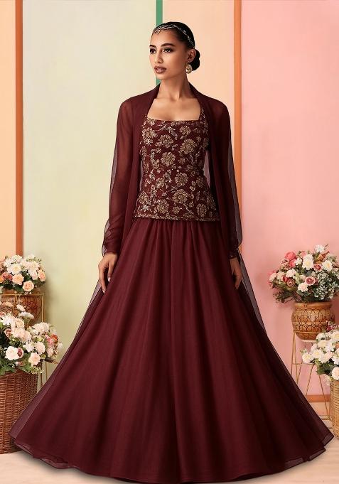 Brown Embroidered Blouse Georgette Lehenga Set