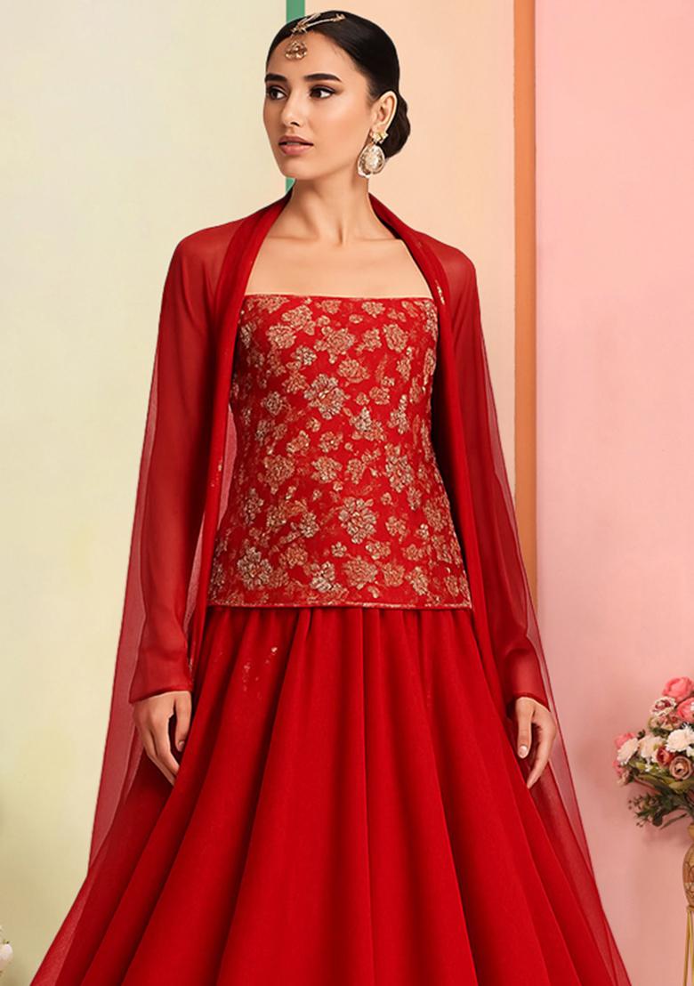 Red Embroidered Blouse Georgette Lehenga Set - Indya