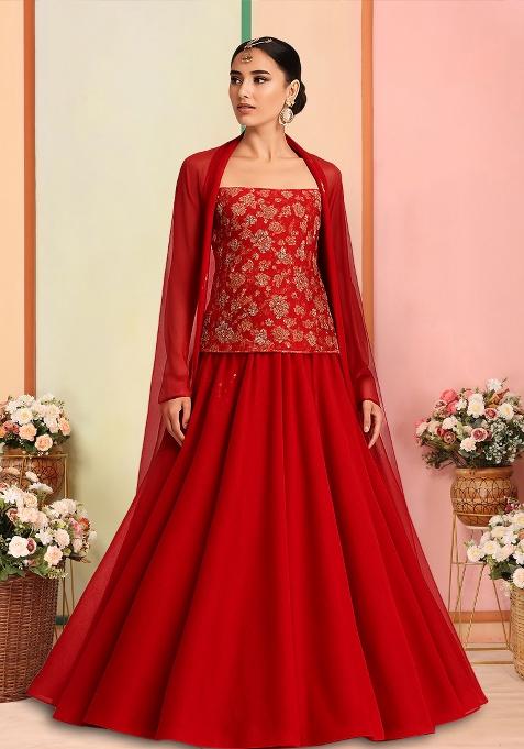 Red Embroidered Blouse Georgette Lehenga Set