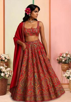 Red Printed Satin Lehenga Set