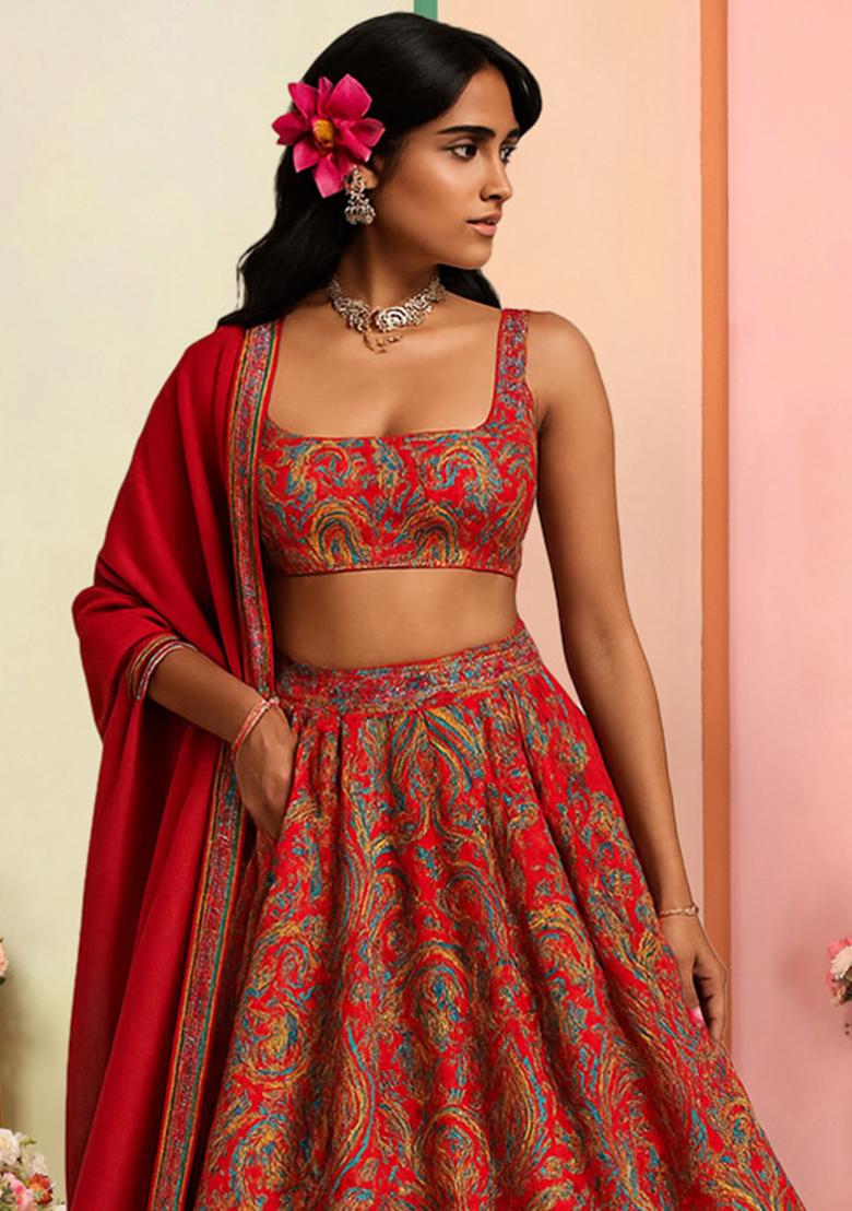 Red Printed Satin Lehenga Set - Indya