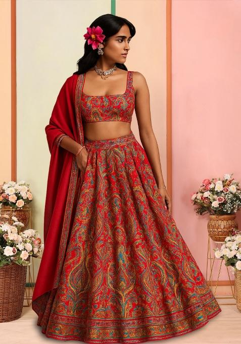 Red Printed Satin Lehenga Set