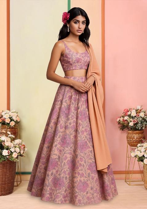 Multicolor Printed Tissue Lehenga Set
