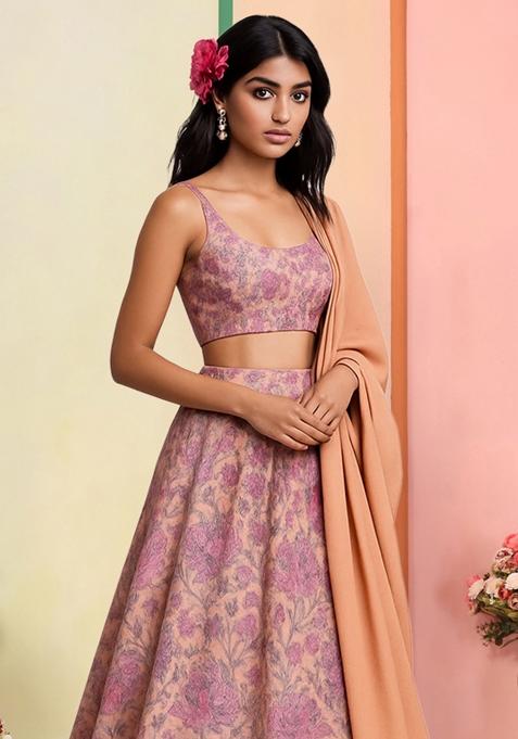 Multicolor Printed Tissue Lehenga Set