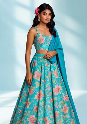 Blue Printed Satin Lehenga Set