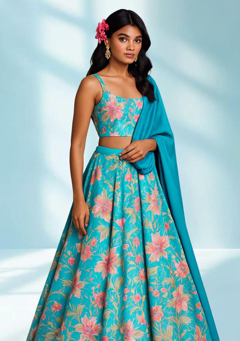 Blue Printed Satin Lehenga Set