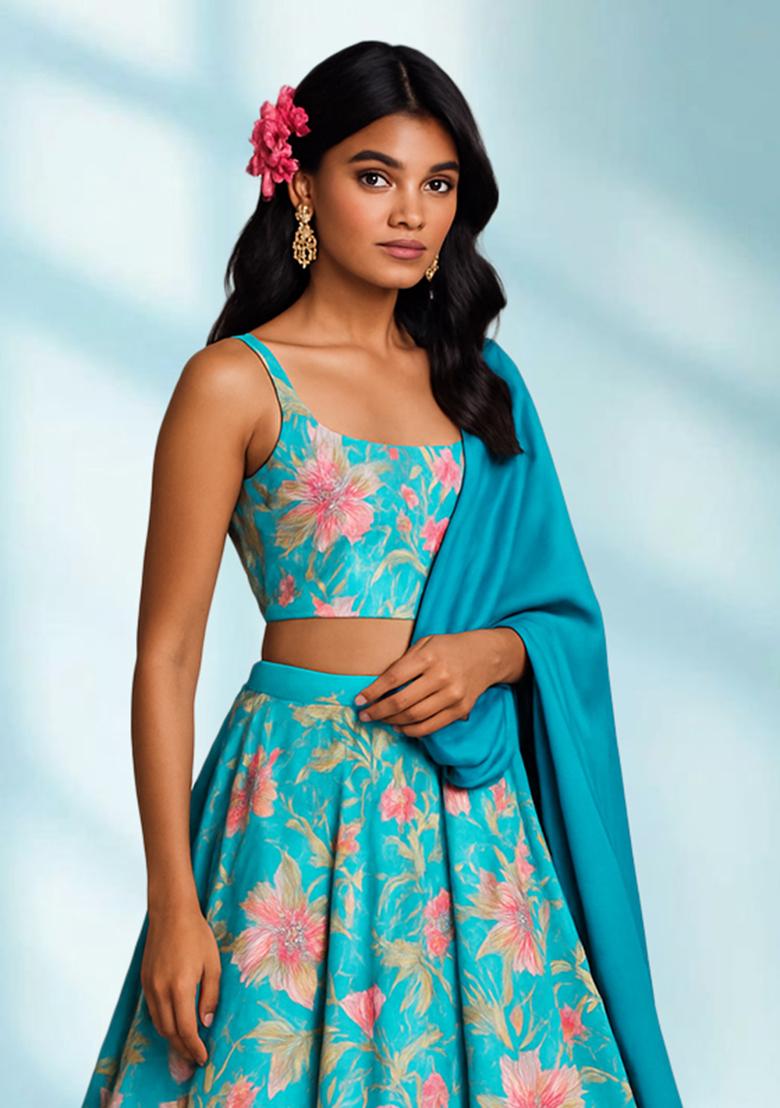Blue Printed Satin Lehenga Set - Indya
