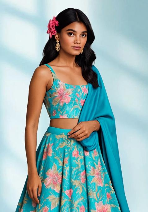 Blue Printed Satin Lehenga Set