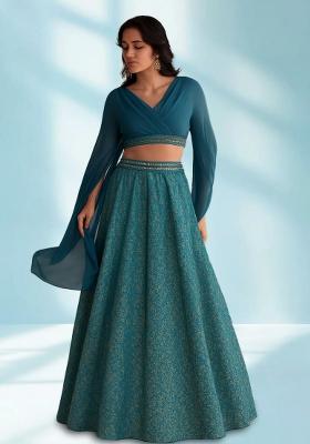 Blue Embroidered Polyester Crop Top Skirt Set