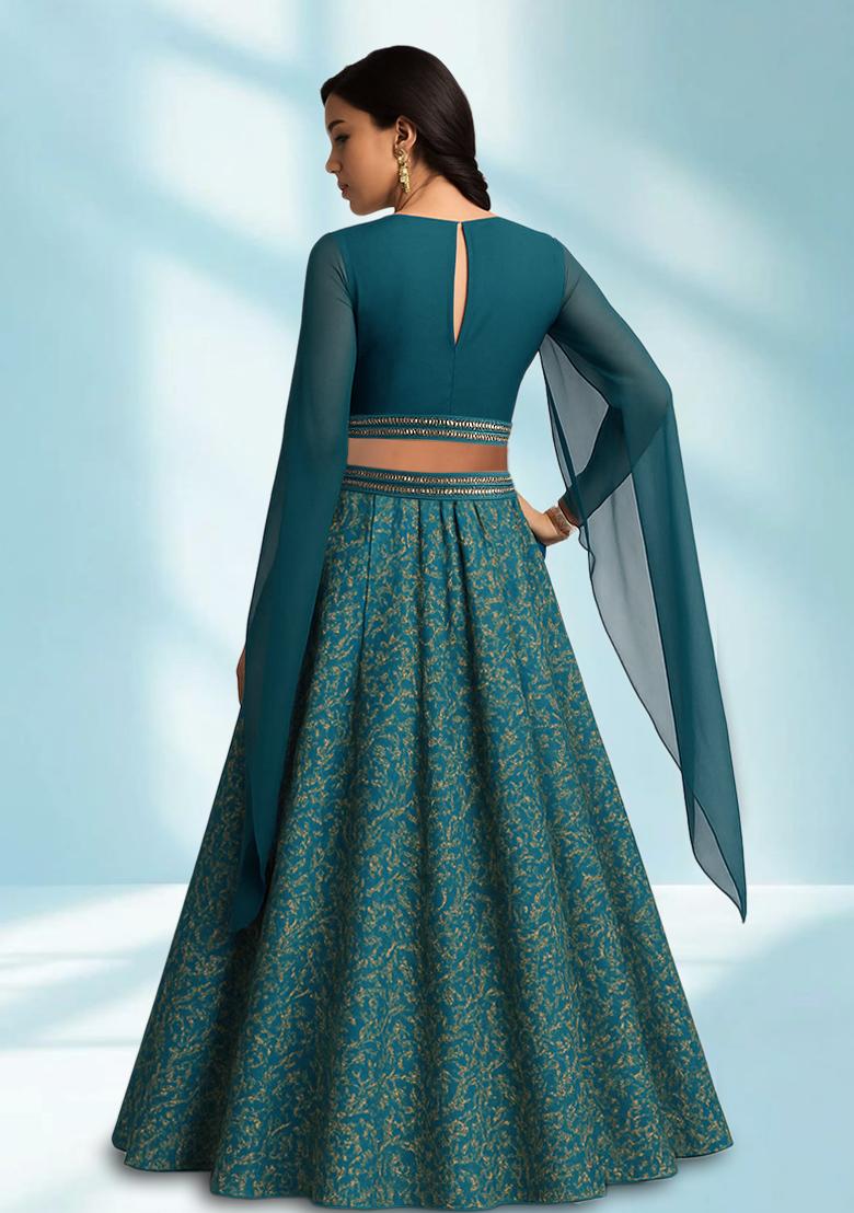 Blue Embroidered Crop Top Skirt Set