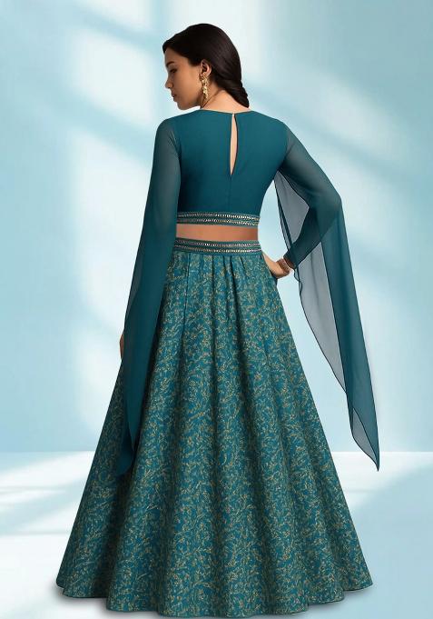 Blue Embroidered Crop Top Skirt Set