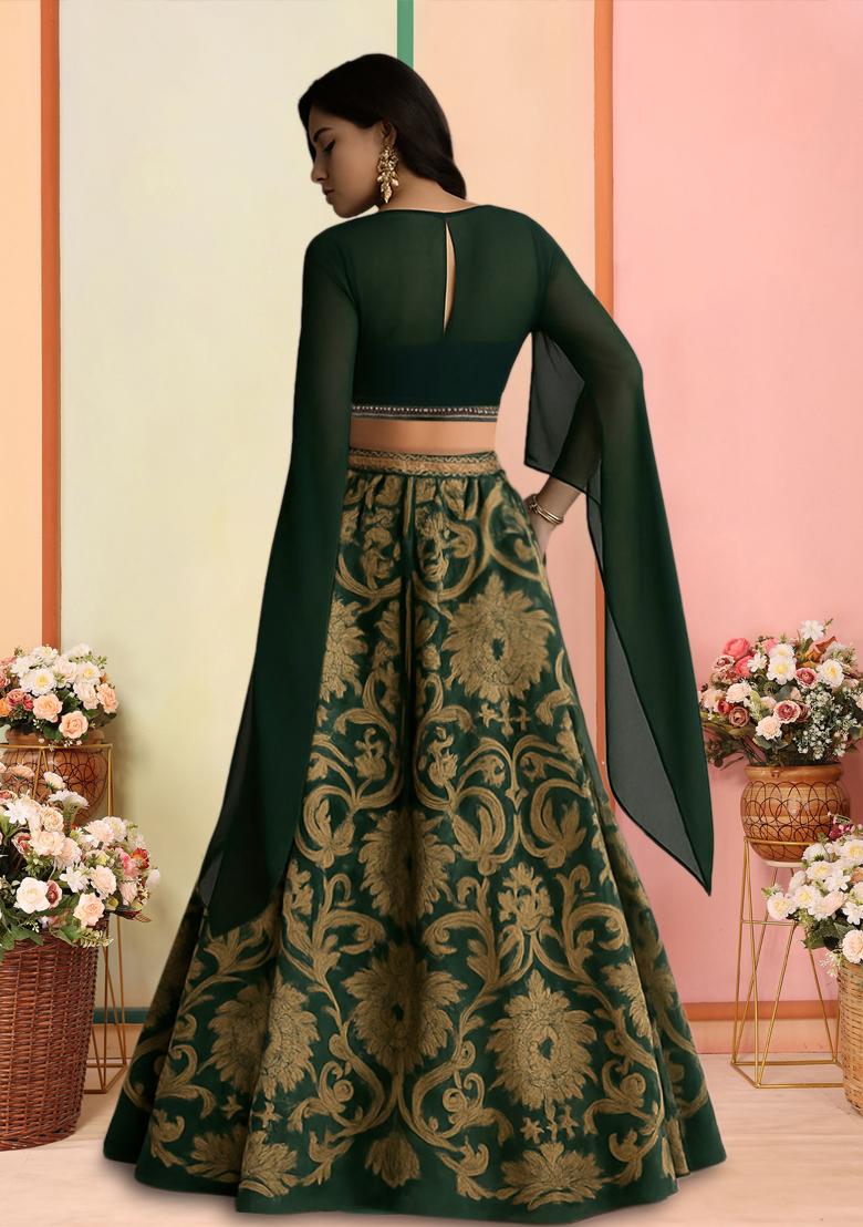 Green Embroidered Lehenga Set - Indya