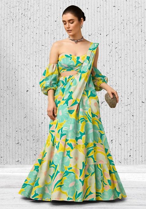 Multi Color Floral Print Satin Lehenga Set