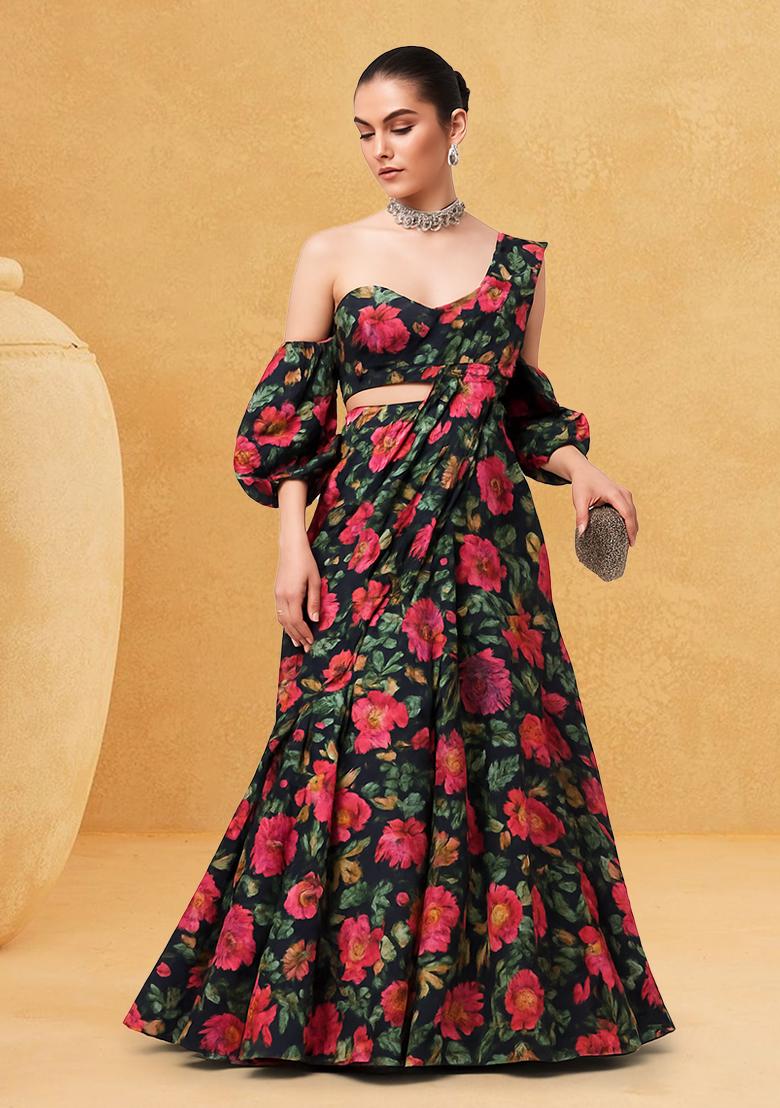 Black Floral Print Satin Lehenga Set